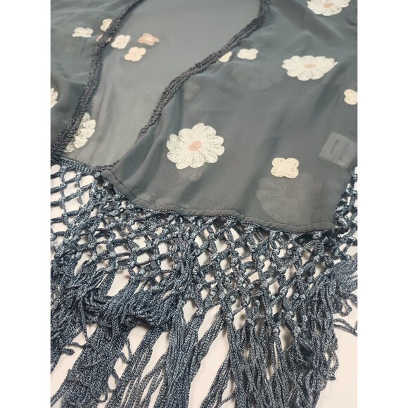 Hagel Sz L Gray Chiffon Open Front Cover Up Top Floral Kimono Tasseled - Picture 3 of 12